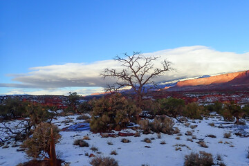 Fototapeta na wymiar Colorful sandstone rock formations with a dusting of snow at Capitol Reef National Park, Utah, USA