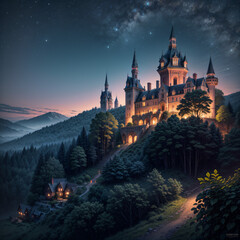 Fototapeta premium Magical castle on a hill under starry sky