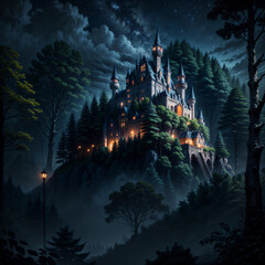 A medieval castle on a hill, surrounded by a dense forest (Day/Night) | Generative AI
