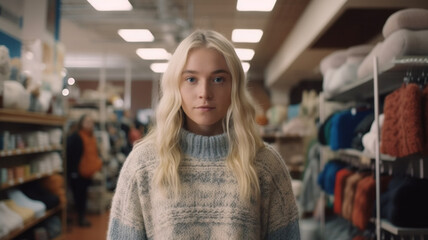 neutral or skeptical or annoyed or nervous or impatient facial expression, young adult woman with blond hair and thick sweater, between the shelves with winter clothes and decoration