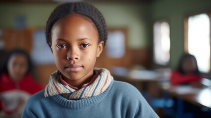 child girl, dark tan skin tone, sweater, in a classroom with other female students, african american or african, elementary school, fictional location
