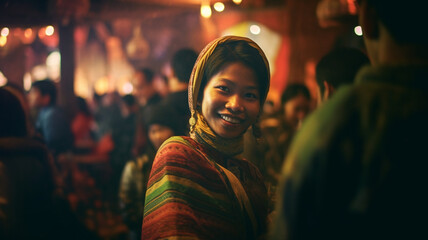 Native adult woman wearing headscarf, asian indonesian thai, 20s 30s, local bar or restaurant, fictional, happy