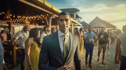 an african american man wears a luxury suit, tropical place with tourists and restaurant, sandy beach, fictional location