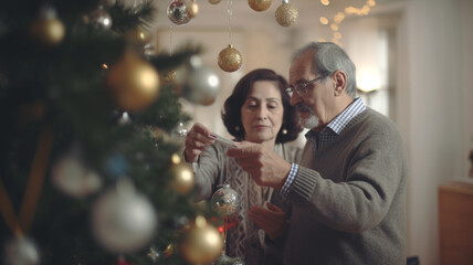 elderly couple or friends or family, hand of elderly person decorates a christmas tree, christmas baubles, green fir tree, christmas tree, christmas tree decoration