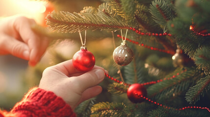 hand of a person decorates a christmas tree, christmas baubles, green fir tree, christmas tree,...
