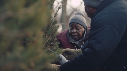 older woman and husband or family member like brother, choosing a christmas tree, buying a...