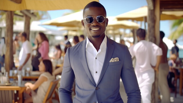 an african american man in a suit and sunglasses wears a luxury suit, tropical beach bar or pool bar, fictional location - Powered by Adobe