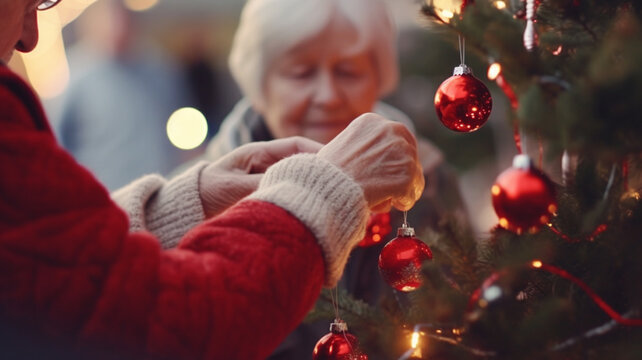 elderly couple or friends or family, hand of elderly person decorates a christmas tree, christmas baubles, green fir tree, christmas tree, christmas tree decoration