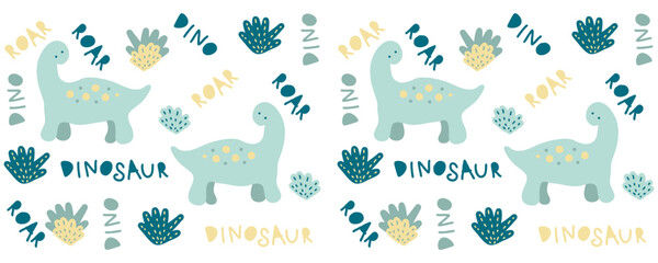 Childish cup pattern with little dinosaurs. Cute baby mug print. Hand drawn vector illustration.