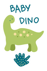 Baby dino slogan print with cute dinosaur. Perfect for tee, sticker, poster. Isolated vector illustration for decor and design.