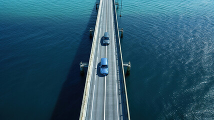an aerial view of a car driving across a bridge over the ocean. Generative Ai