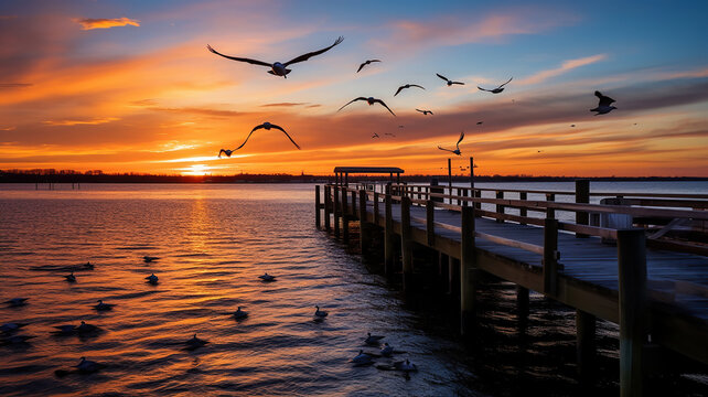 sunset behind a dock with birds flying over the water. Generative Ai