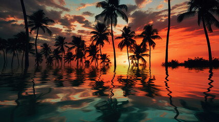 palm trees reflect the reflection of the setting sun in clouds. Generative Ai