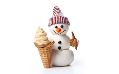 Snowman with an ice cream cone against a pure white backdrop, perfect for your creative projects