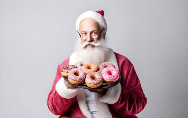 A merry Santa Claus enjoying donuts, radiating happiness and delight as he indulges in these sweet treats.