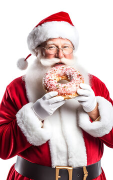 An image of a jolly Santa Claus, relishing donuts with a heartwarming and festive demeanor.
