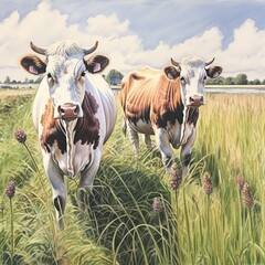 Illustration of Holstein-Friesian cows in a field in the Netherlands. AI-generated content.