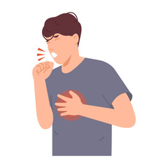 Sick man with dry cough and chest pain, inflammation. Sick people with asthma, allergies, colds. COVID-19 symptoms. Tuberculosis sign. vector character illustration. Isolated on white background.