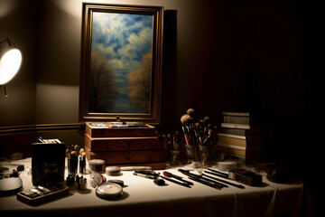A Table Topped With Lots Of Makeup And A Painting