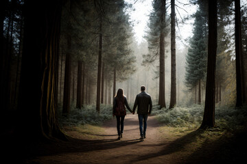 A Man And A Woman Walking Through A Forest Holding Hands