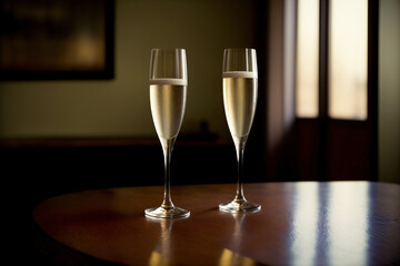 Two Glasses Of Champagne Sitting On Top Of A Wooden Table