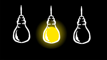 Old school neon lights shining, simple hand drawn on black, bright idea and electricity