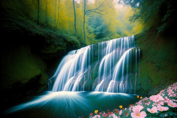 A Painting Of A Waterfall With Flowers In The Foreground