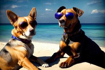 Fototapeta na wymiar A Couple Of Dogs Sitting On Top Of A Sandy Beach