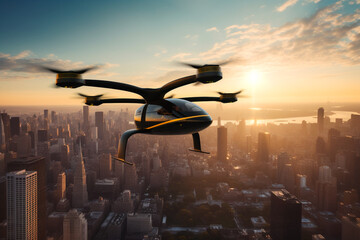 Electric Air taxi eVTOL flying high over a city. Urban Air Mobility, concept of future transportation