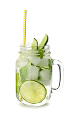 Mojito cocktail with lime, cucumber and mint isolated on white background
