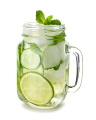 Mojito cocktail with lime, cucumber and mint isolated on white background