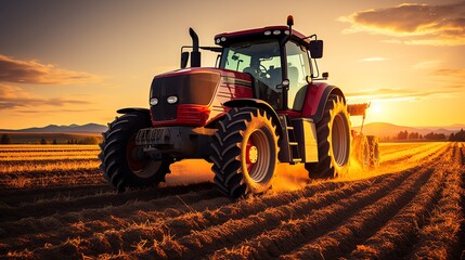 Obraz premium Tractor working in a field at sunset, machinery for agriculture harvesting