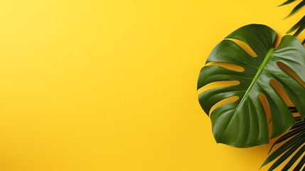 Monstera on yellow background. Palm tree banner with space for text.