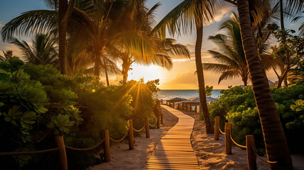 Fototapeta premium walkway with palm trees leading to a tropical beach. Generative Ai