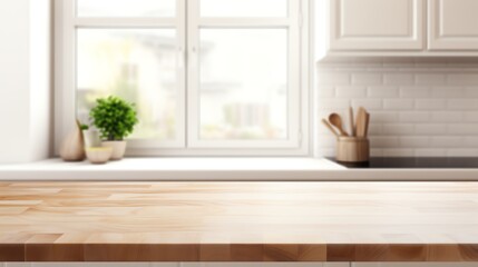 Fototapeta na wymiar Empty wooden table with bright kitchen backdrop