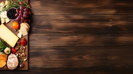 Charcuterie board, cheese board with crackers and fruits on wooden table, space for text
