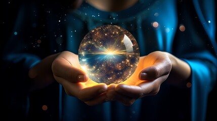 Psychic hands holding a magic crystal ball