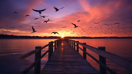 Fototapeta na wymiar sunset behind a dock with birds flying over the water. Generative Ai