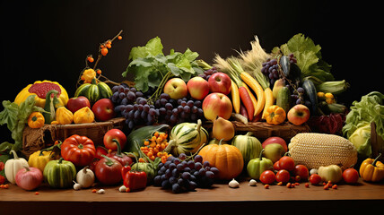 Naklejka na ściany i meble Seasonal Harvest, Bounty of Fresh Fruits and Vegetables. Generative Ai