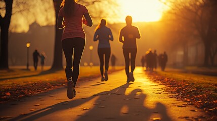 Joggers in the park on an autumn morning. Jogging during sunrise in fall.