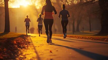 Joggers in the park on an autumn morning. Jogging during sunrise in fall.