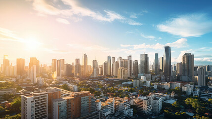 Obraz premium Urban Cityscape, Skyline View at Golden Hour. Generative Ai