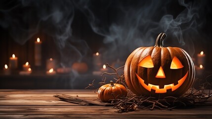Carved halloween pumpkin sitting on top of a wooden table with a spooky background. Jack-o-lantern banner. Space for text.