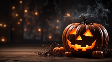 Carved halloween pumpkin sitting on top of a wooden table with a spooky background. Jack-o-lantern banner. Space for text.