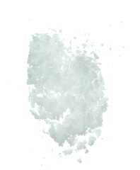 Salt rock flower fly explosion, white Salt rock flower explode abstract cloud fly. Big size ground salt splash in air, food object element design. White background isolated high speed freeze motion