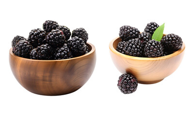 Blackberries in wooden bowl isolated on transparent png