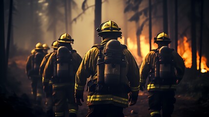 Volunteer firefighters combat a wild forest fire. Brave firemen running into burning forest.