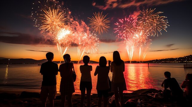Silhouette of people watching fireworks on the beach