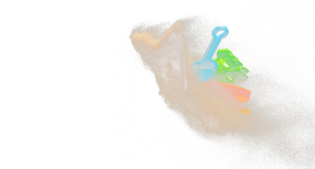 Sand beach plastic Toy for kid to play along ocean sea beach is red blue yellow green. Digging Molding toy fly with sand in air, Kid enjoy playing colorful toy. Black background isolated