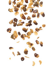 Salt Broad Beans flying explosion, broad bean fall down abstract fly. Tropical Salty roasted broad bean splash throwing in Air. White background Isolated high speed shutter, freeze action